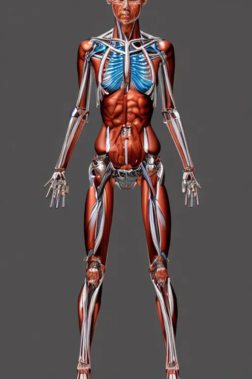 Image similar to full body female human anatomy concept, chrome, cyborg, medical anatomy, cybernetic implants, muscular system reference, monkey arms, digital art, in the style of ruben alba, aaron sims, amanda lilleston, luka mivsek, bryan christie, ranjit ghosh, artstation, pinterest, deviantart, photoshop, zbrush, unreal engine