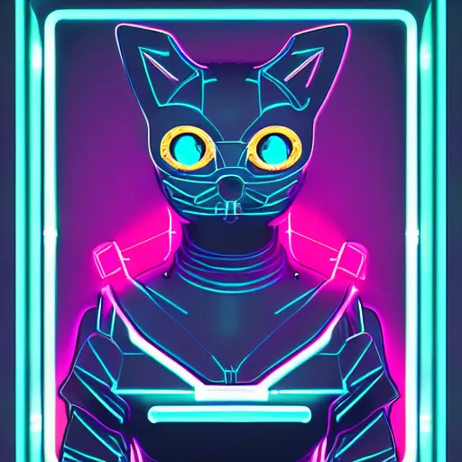 Image similar to a cute cyberpunk kitten, clear vector, vectorial curves, sci-fi, close-up, cybernetic implant, neon, cyberpunk, center frame portrait, 2D, matte-painting