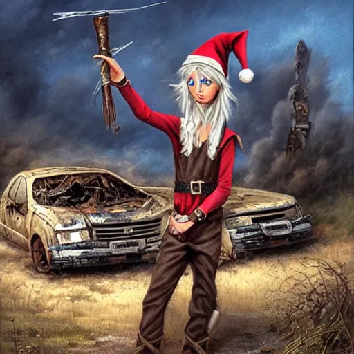 Prompt: a skinny high-fantasy elf with a long narrow face and spiky blonde hair wearing dark brown overalls and holding a bomb next to a destroyed car, painting by Ed Binkley