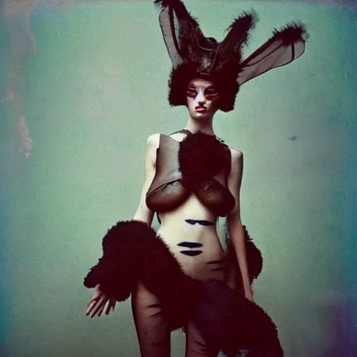 Image similar to damaged kodak portra 4 0 0, wetplate, photo of a surreal artsy dream scene,, very beautiful model, weird fashion, grotesque, extravagant dress, strange pose, carneval, with an animal, wtf, photographed by paolo roversi style