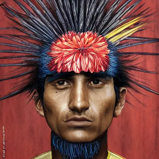 Prompt: a male tupi guarani warrior portrait with bird of paradise flower covering his face, art by marco mazzoni, dark background, asymmetrical, cinematic, colors red white blue and black