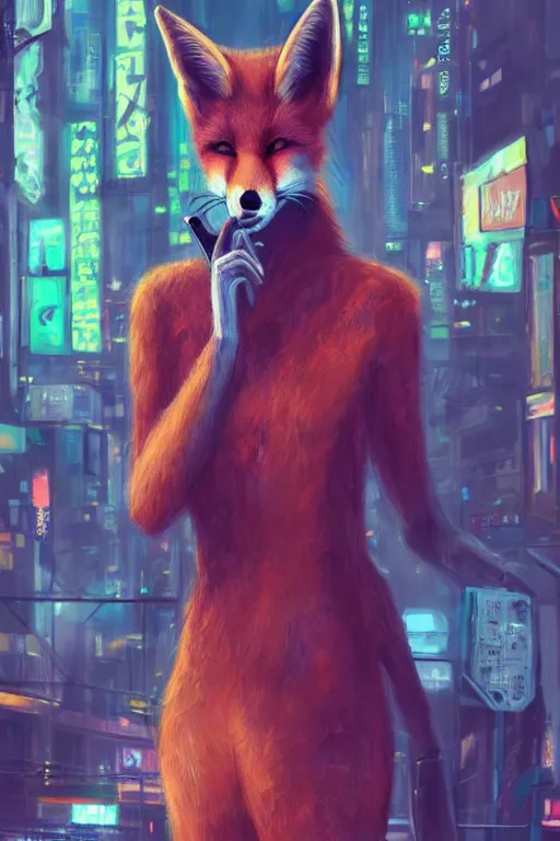 Image similar to beautiful portrait of a tall female anthro fox smoking a cigarette in a bustling crowd of a rainy city street, cyberpunk, harsh neon lights, highly detailed, sharp focus, digital painting, illustration, trending on artstation, art by sakimichan, artgerm