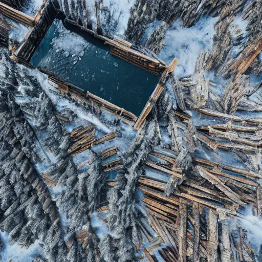 Image similar to top down drone footage of post pocaliptic frostpunk landscape, old lumber mill and few trees remains, crates with wood and supply, beautiful icy area