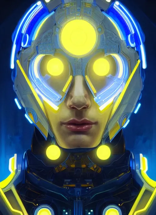 Prompt: symmetry!! portrait of a man, sci - fi, tech wear, blue and yellow glowing lights!! intricate, elegant, highly detailed, digital painting, artstation, concept art, smooth, sharp focus, illustration, art by artgerm and greg rutkowski and alphonse mucha