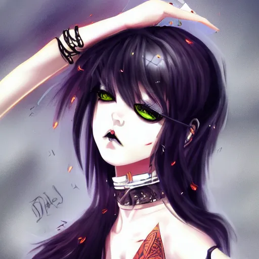 Prompt: goth anime girl in mini skirt and crop top intricate, extremely detailed, digital painting, artstation, concept art, smooth, sharp focus, illustration, sensual lighting, incredible art,