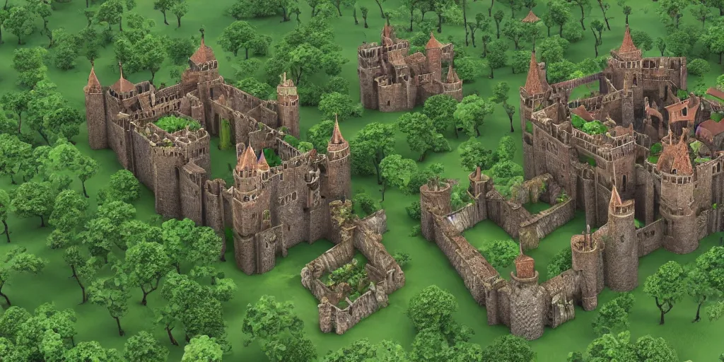 Image similar to medieval castle in a jungle with towers and moat, 3 d, isometric