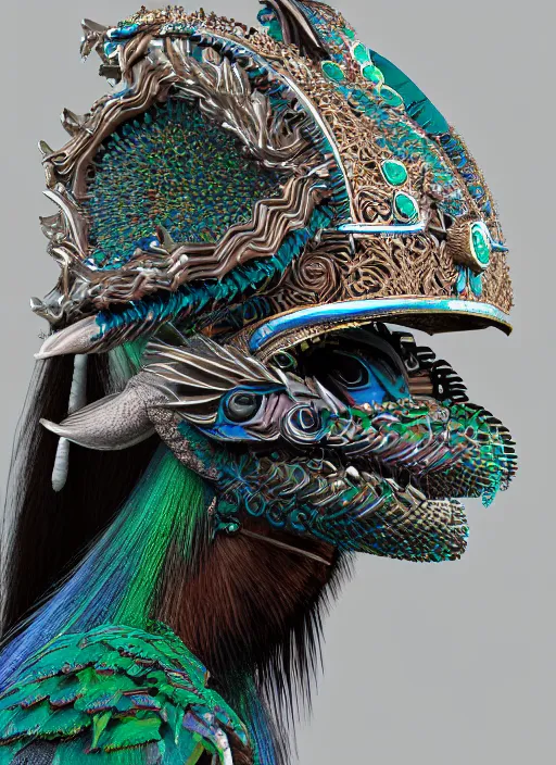 Image similar to 3 d goddess close - up profile portrait. beautiful intricate highly detailed mexican magpie helm and traditional mexican huipil! quetzalcoatl, stingray, bio luminescent, plasma, lava, ice, water, wind, stormy, creature, artwork by tooth wu and wlop and annie leibovitz, octane 3 d render