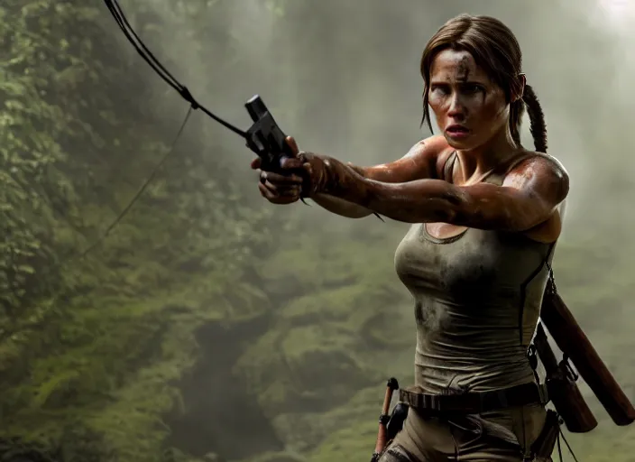 Image similar to film still of!!!! daisy edgar jones!!! as lara croft in new tomb raider movie, 8 k