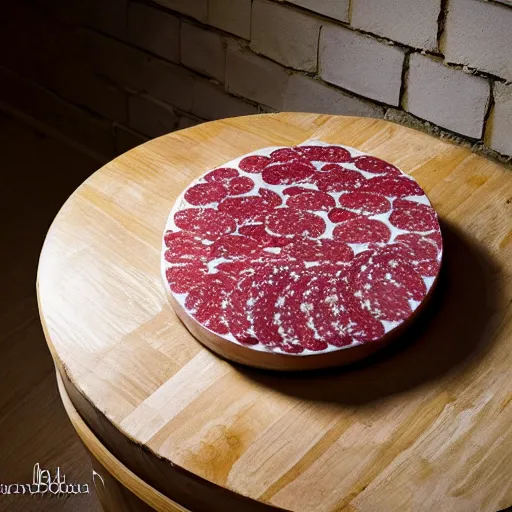 Prompt: a round bench made of salami, studio photography, 5 0 mm