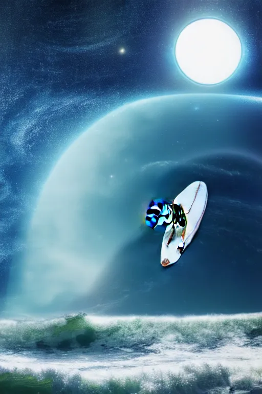 Image similar to beagle dog surfing a surfboard on a sparkly crashing wave of stardust in space, background is a moon in nebula, octane render, unreal engine, wide view, 8 k, highdetaild