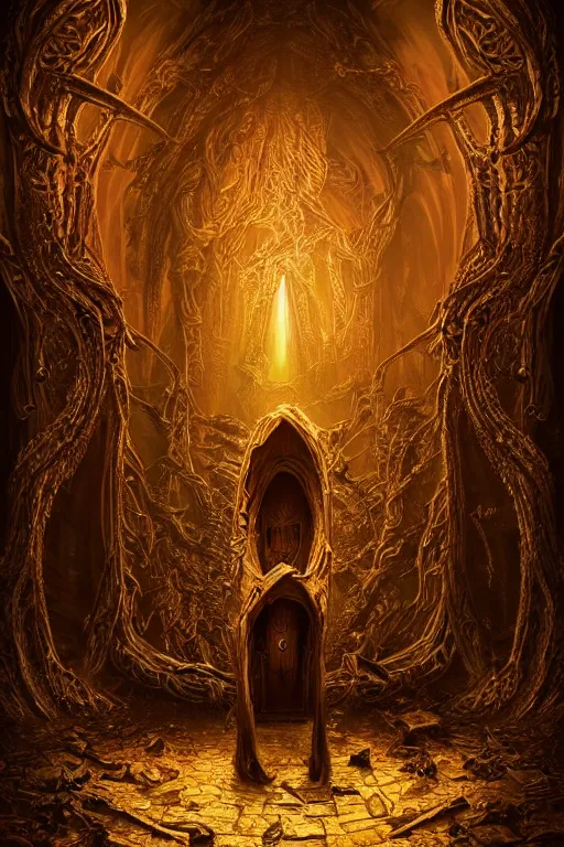 Prompt: extremely 3 d render detailed intricate ornate metallic bone carved concept art of hooded necromancer in front of a lovecraft portal by marc simonetti, rising from the void, dark neon retro wave, purple fog, volumetric mist, golden and mysterious, realistic atmospheric, ominous, cinematic, epic, ultra detailed, ultra realistic, unreal engine, octane render, vivid colors