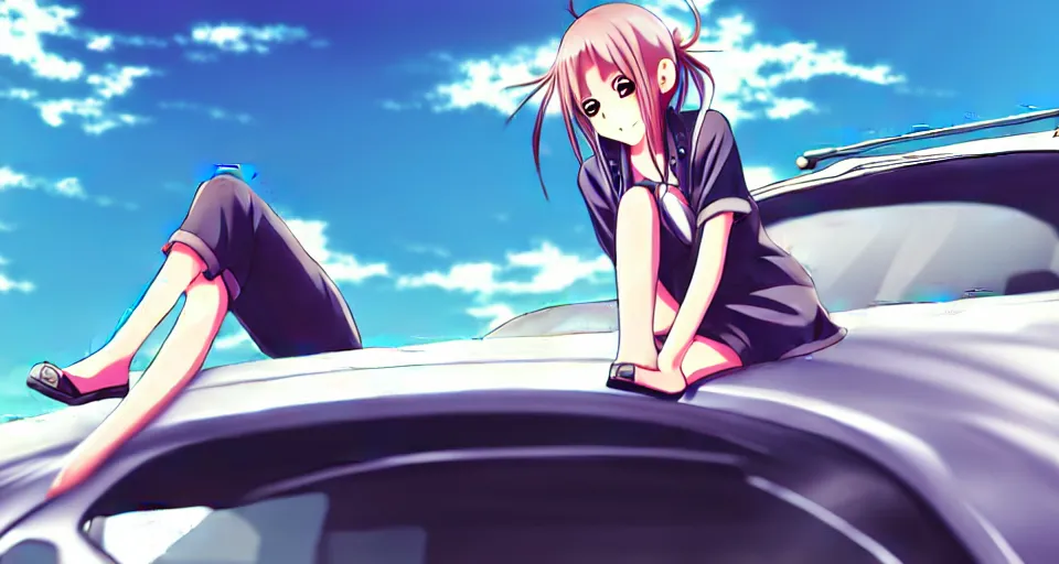 Prompt: A anime art of asian modern girl character sitting on hood subaru car, digital art, 8k resolution, anime style