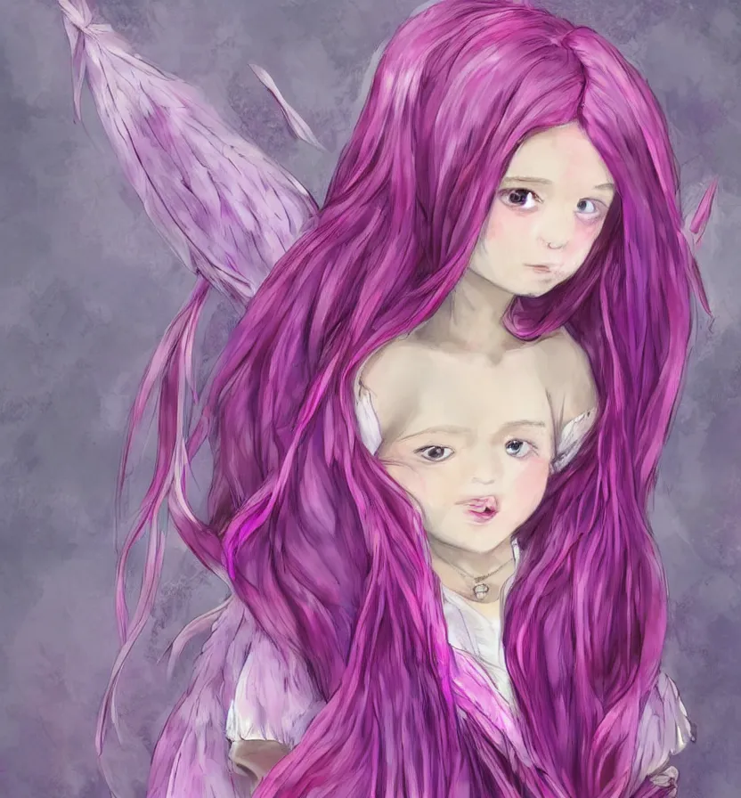 Image similar to little girl with eccentric pink hair wearing a dress made of purple feather, art by dcwj