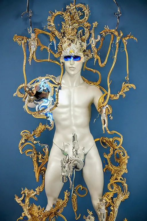 Prompt: full-body neon porcelain bladerunner and rococo style sculpture of a young handsome Cuban prince as a half android with a porcelain chest opening exposing circuitry and electric sparks, glowing laser beam eyes, crown of giant diamonds, flowing neon-colored silk, fabric, raptors. baroque elements. full-length view. baroque element. intricate artwork by caravaggio. many many birds birds on background. Trending on artstation, octane render, cinematic lighting from the right, hyper realism, octane render, 8k, depth of field, 3D