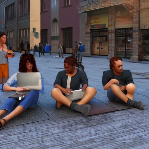 Image similar to a group of realistic bums on street using laptops with blender 3 d logotype on laptop, highly detailed, intricate, sharp focus, digital art, 8 k