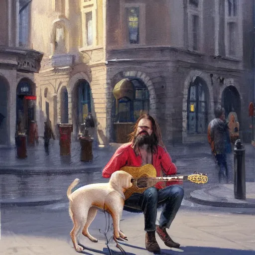 Image similar to oil painting of a man with long hair and a beard with his golden retrever dog playing guitar in the square for money people watching around, by greg rutkowski, artstation