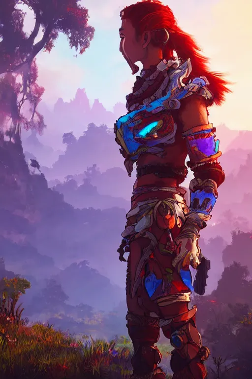 Image similar to combination suit armor aloy horizon forbidden west horizon zero dawn radiating a glowing aura global illumination ray tracing hdr fanart arstation by ian pesty and alena aenami artworks in 4 k tribal robot ninja mask helmet backpack