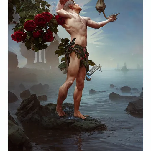 Image similar to man suspended over water, roses everywhere, highly detailed, digital painting, artstation, concept art, smooth, sharp focus, illustration, art by artgerm and greg rutkowski and alphonse mucha