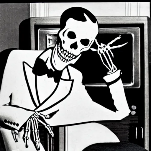 Prompt: skeleton in a tuxedo watching a 1930s television