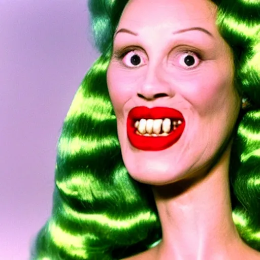 Prompt: Still from a John Waters film about a woman and an anthropomorphic tooth, color 1970