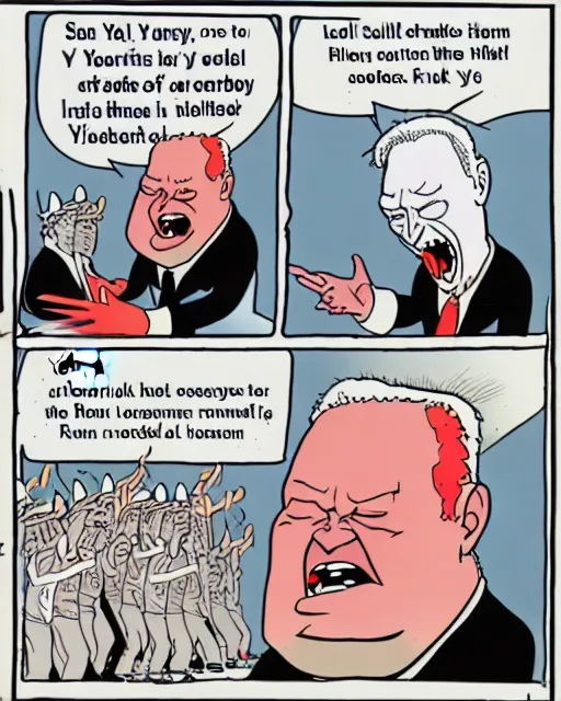 Prompt: scary cartoon, yeltsin in hell, frame from the cartoon in color, drawing in good quality