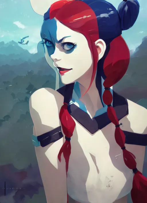 Image similar to portrait of harley quinn, cloudy sky background lush landscape illustration concept art anime key visual trending pixiv fanbox by wlop and greg rutkowski and makoto shinkai and studio ghibli