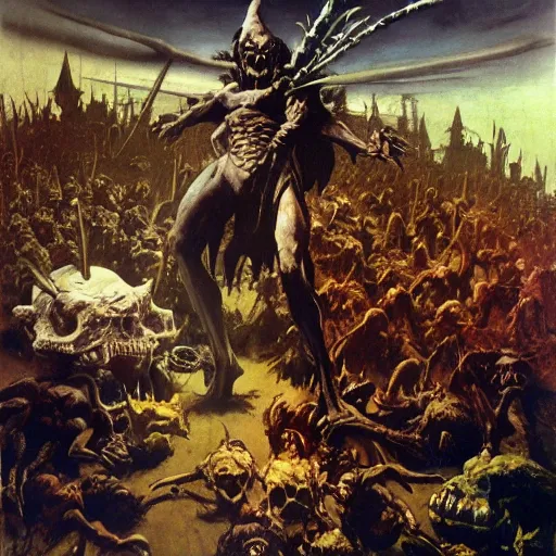 Prompt: A goblin king stands on the corpses of his enemies, painting by Frank Frazetta, detailed, 4k