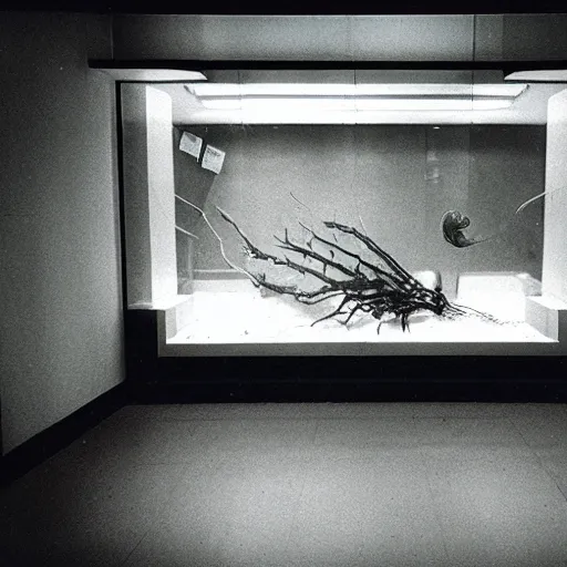 Prompt: spooky creepy liminal space, display case, aquatic exhibition science museum, half - dried aquarium with submerged spine, bright computer screens, backroom stairs leading down under water, photo taken on 1 9 8 0 s fujifilm superia