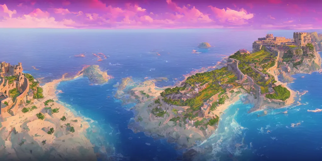 Image similar to Panoramic view of the Castle of Peñiscola and surrounding beaches, mattepainting concept Blizzard pixar maya engine on stylized background splash comics global illumination lighting artstation lois van baarle, ilya kuvshinov, rossdraws