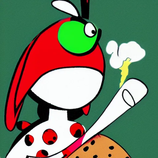 Image similar to an artwork depicting a cartoon ladybug smoking a joint, green background