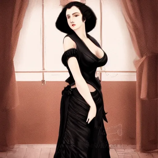 Prompt: a beautiful young woman, pale skin, black long hair, aristocrat, black expensive dress from 1 8 6 0, digital art, studio photo, realistic, artstation, high quality, wild west