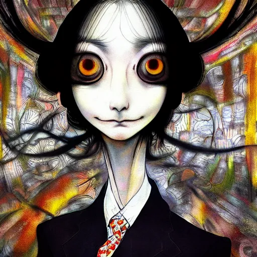 Image similar to yoshitaka amano blurred and dreamy realistic portrait of a woman with black eyes and white hair wearing dress suit with tie, junji ito abstract patterns in the background, satoshi kon anime, noisy film grain effect, highly detailed, renaissance oil painting, weird portrait angle, blurred lost edges, three quarter view