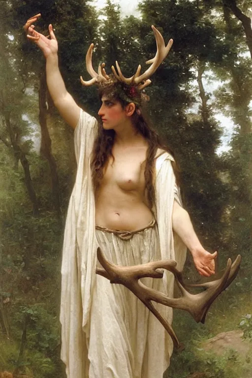 Image similar to druid shaman with antlers, bouguereau