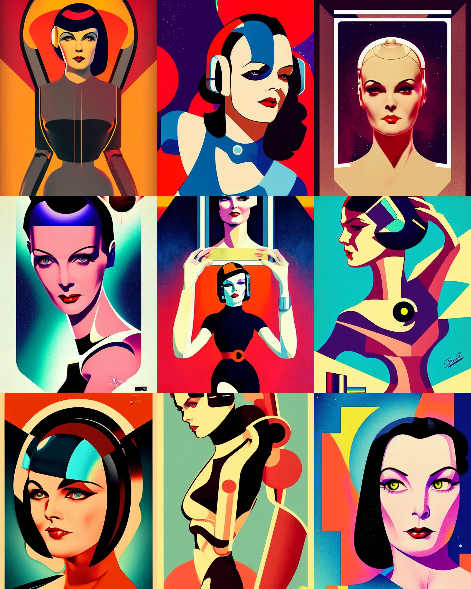 Prompt: art deco poster of android sherilyn fenn fused with mary louise brooks 2 2 years old space woman, half robot and half woman, retro futurism, solaris, half portrait by stanley artgerm, dramatic lighting, ilya kuvshinov, trending on artstation, flat colour, geometric curves, gradient filter, pleasing tone colours