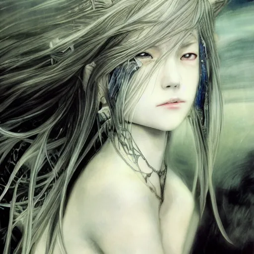 Image similar to Yoshitaka Amano blurred and dreamy illustration of an anime girl with black eyes, wavy white hair fluttering in the wind and cracks on her face wearing elden ring armor with engravings, background with abstract black and white patterns, noisy film grain effect, highly detailed, Renaissance oil painting, weird portrait angle, three quarter view