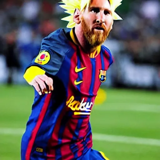 Prompt: photograph of Lionel Messi going into super Saiyan