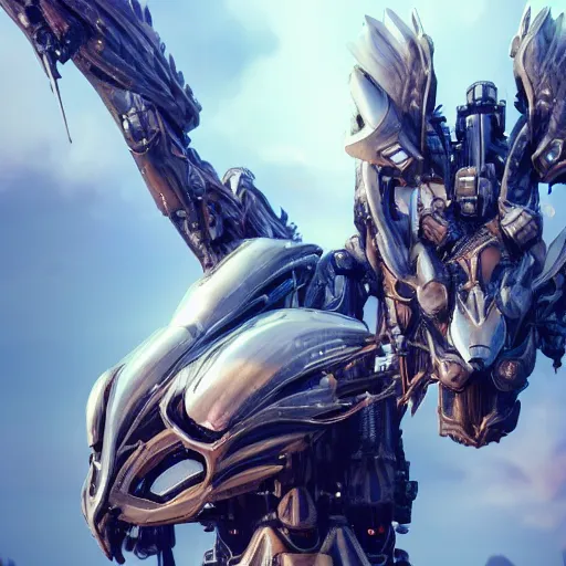 Image similar to a highly detailed close-up of an awe-inspiring beautiful majestic anthropomorphic robotic mecha female dragon, with smooth and streamlined armor, standing and posing elegantly in front of the camera, well detailed head with epic LED eyes, sharp and dangerous sleek design, two arms, digital art, artstation, DeviantArt, professional, octane render, sunset lighting