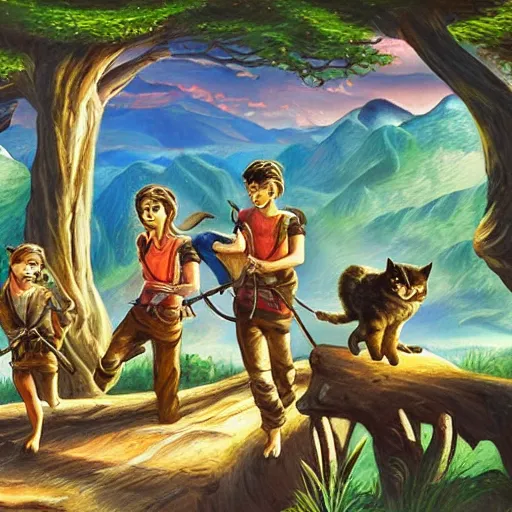 Prompt: a beautiful scenic painting of a group of adventurers cats
