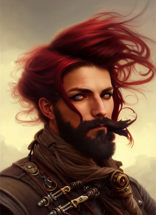 Image similar to 3/4 headshot of male airship pirate, D&D, handsome, fantasy, intricate, long hair, airship, steampunk, red hair, elegant, highly detailed, digital painting, artstation, concept art, smooth, sharp focus, illustration, art by artgerm and greg rutkowski and alphonse mucha