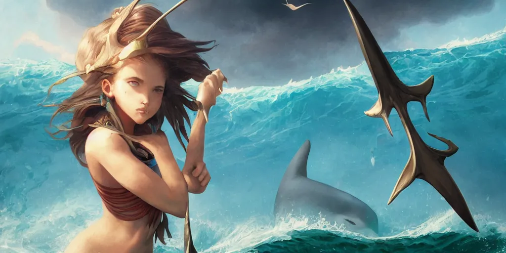 Prompt: close up of a beautiful shark tooth girl holding a trident on the horizon, model pose, slightly smiling, big wave, big whale fighting against sharks on the background, by peter mohrbacher and makoto shinkai and ferdinand knab