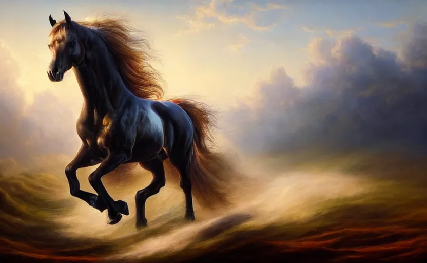 Image similar to a masterpiece oil painting of a proud horse galloping. wide angle, fantasy art, heroic lighting, very very very beautiful raytraced rendering, fog, finger of god