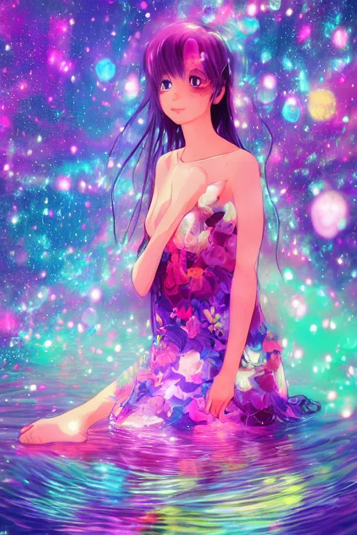 Image similar to psychedelic, whimsical, anime, 4k, beautiful intimate woman with professional makeup, long trippy hair, a crystal and flower dress, bathing in a reflective pond, underneath the stars, rainbow fireflies, trending on patreon, deviantart, twitter, artstation, volumetric lighting, heavy contrast, art style of Ross Tran and Ilya Kuvshinov