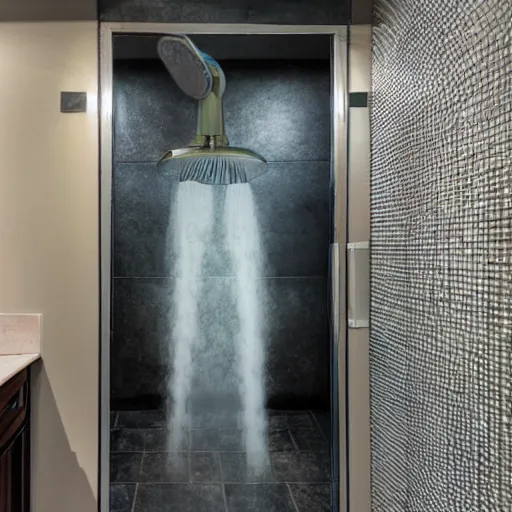 Image similar to photo of a shower in a bathroom with an elephants trunk coming up the train into the shower stall