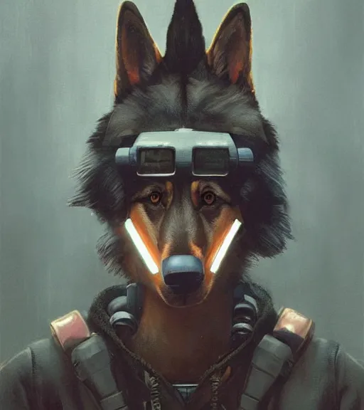 Image similar to new york city portrait of furry anthro anthropomorphic german shepard head animal person fursona wearing clothes strange cybernetic muzzle gloomy rainy cyberpunk 2077 digital art by Greg Rutkowski, Simon Stalenhag, christopher nolan trending on Artstation, CGSociety