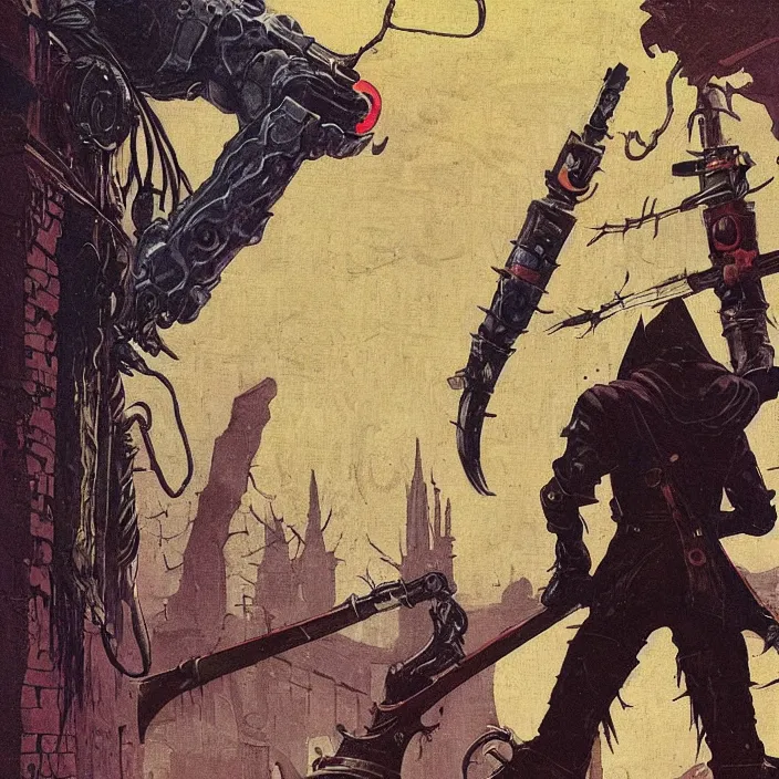 Image similar to a hunter from bloodborne vs robot in yharnam, style by retrofuturism, faded red and yelow, by malcolm smith, old comics in city, nicholas roerich, katinka reinke