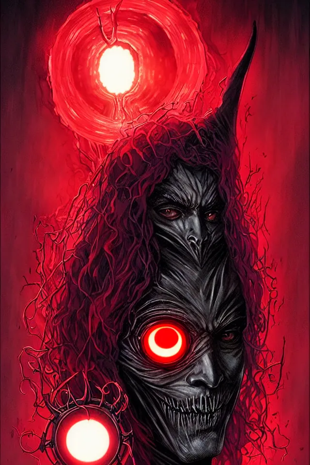 Image similar to a striking spooky portrait of a pitch black masked eldritch shaman with sinister red eyes by moebius and ross tran and artgerm deta