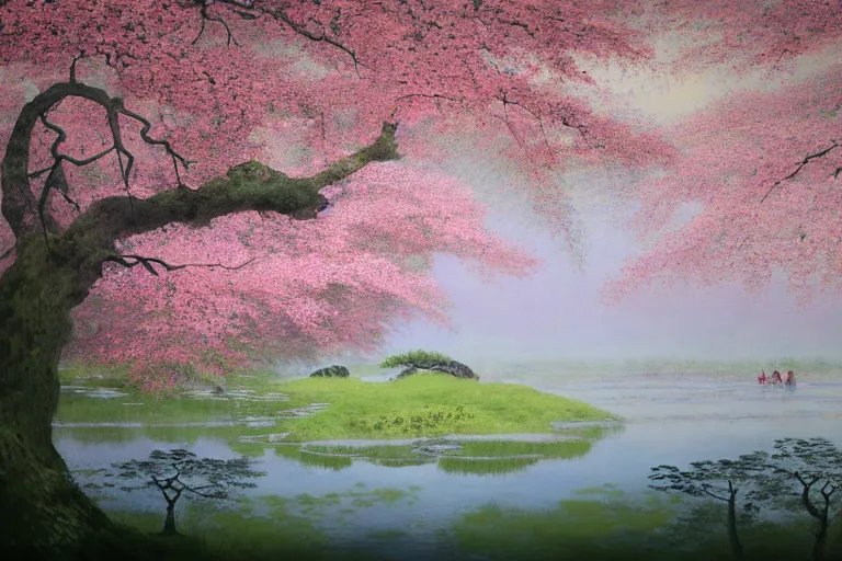 Image similar to masterpiece photography of a japanese garden landscape, with a pond and sakura trees, sakura flowers in the wind, scattered clouds on the horizon, during spring, atmospheric effects, light fog, dawn rays of light, bokeh, by Lee Madgwick or Caspar David Friedrich or Édouard Manet, Trending on artstation, spring, dawn color scheme, soft colors