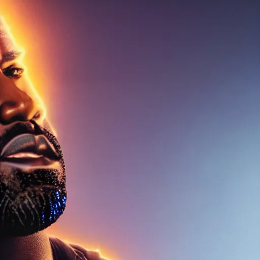 Image similar to Portrait of Kanye West as thanos, splash art, movie still, cinematic lighting, dramatic, octane render, long lens, shallow depth of field, bokeh, anamorphic lens flare, 8k, hyper detailed, 35mm film grain