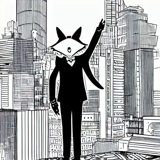 Image similar to anime ink line art of an anthropomorphic fox wearing a tuxedo as he stands on a city rooftop with a city in the background, black and white key manga visual