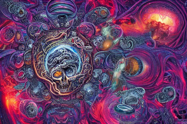 Image similar to a intricate mandala of skulls and flesh with deep and intricate rune carvings and twisting lovecraftian tentacles emerging from a space nebula by dan mumford, twirling smoke trails, a twisting vortex of dying galaxies, collapsing stars, digital art, photorealistic, vivid colors, highly detailed, intricate